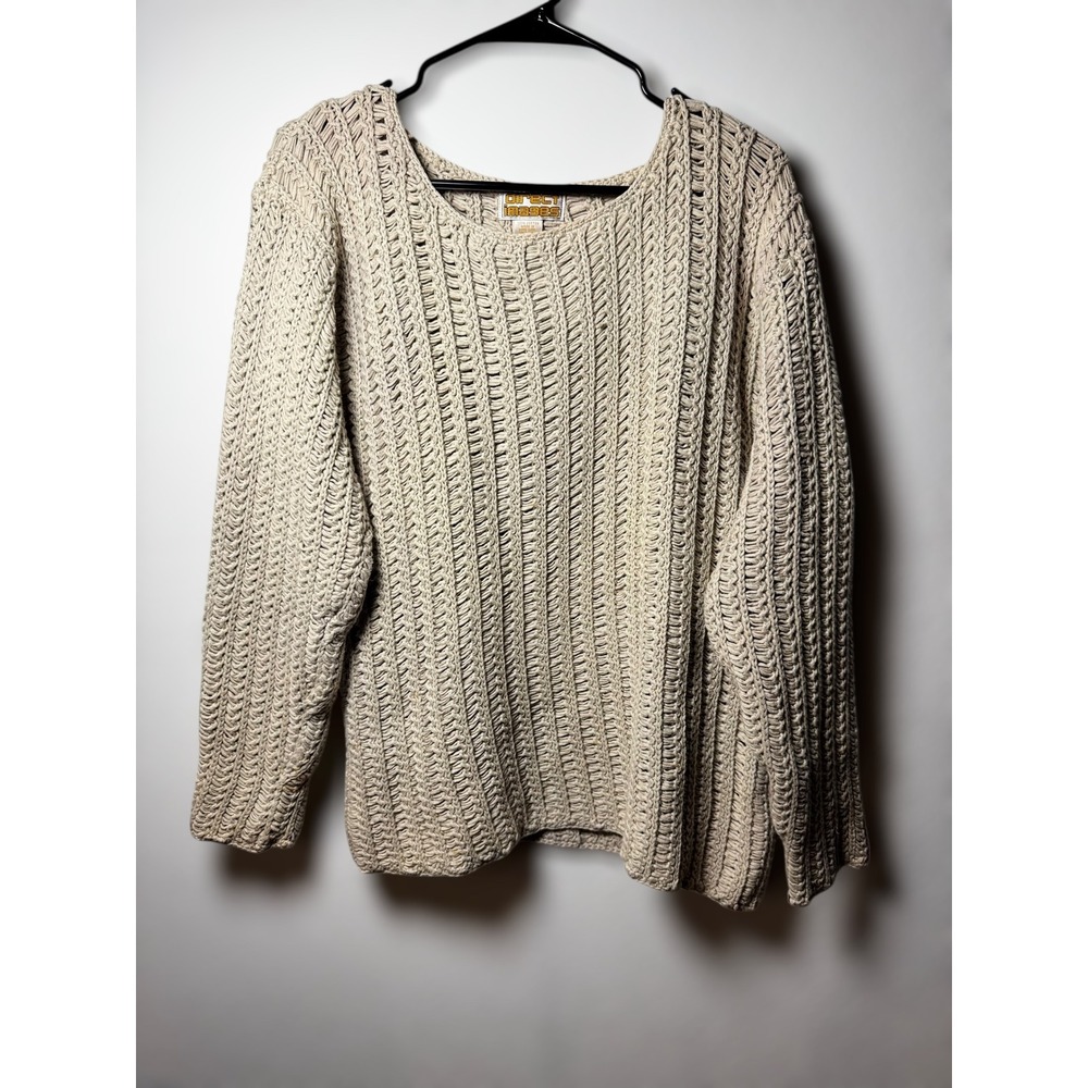 VTG Direct Images Knit Cotton Sweater Beige Long Sleeve Pullover Women Size S